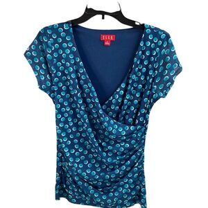 ELLE Womens Faux Wrap Vneck Cap Sleeves Polka Dot Ruched Sides Blouse Sz Small